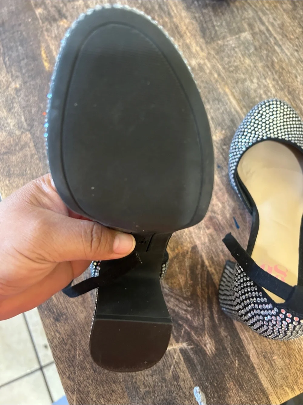 Gianni Bini Black Rhinestone Ankle-Strap Block Heels